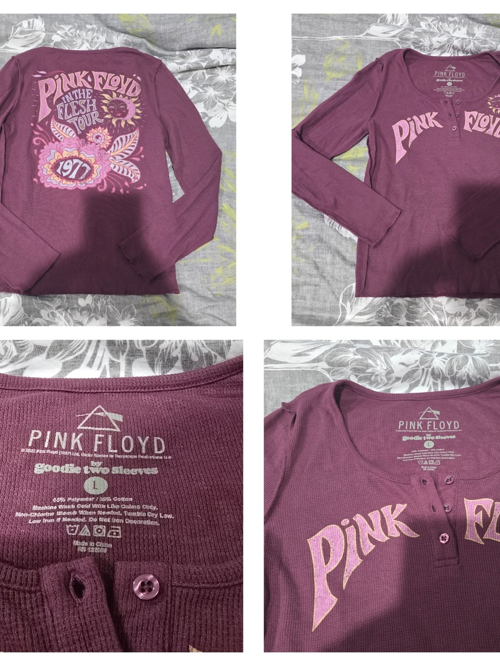 Pink Floyd Plum Ribbed Henley with Pink Graphics On Front And Back Large